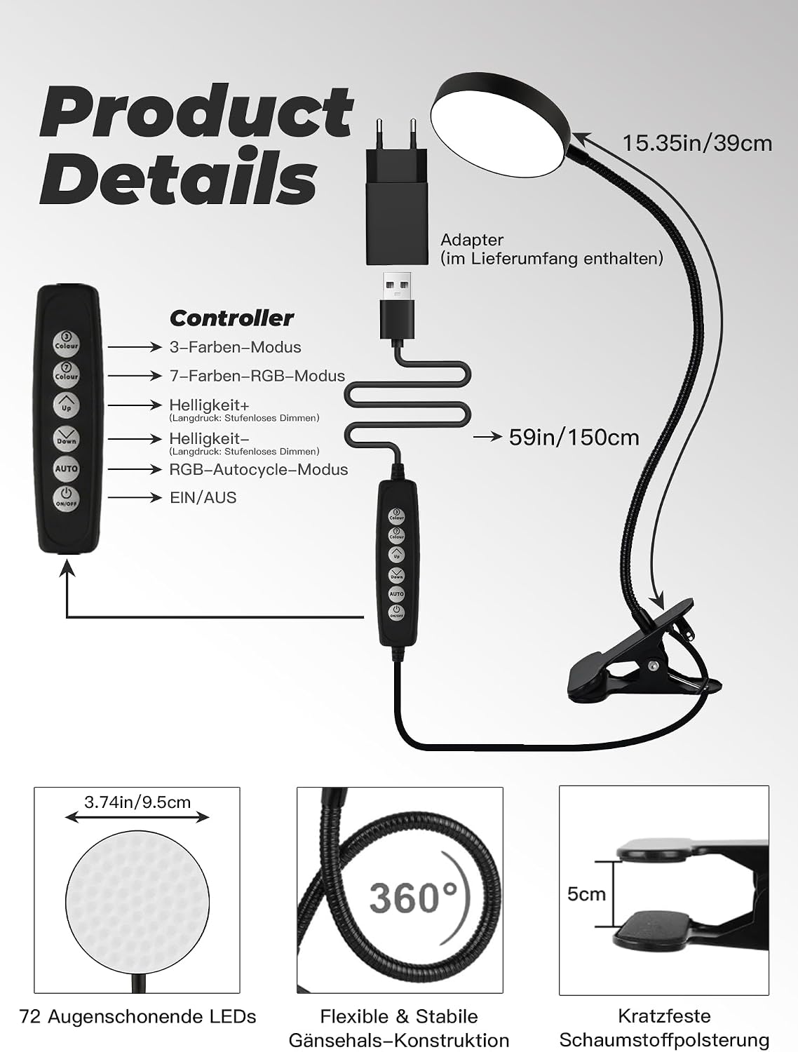 Thumbnail 6 de Lampe de Bureau à Pince ReinHoo 72 LED RGB – 10 teintes + 10 niveaux, USB