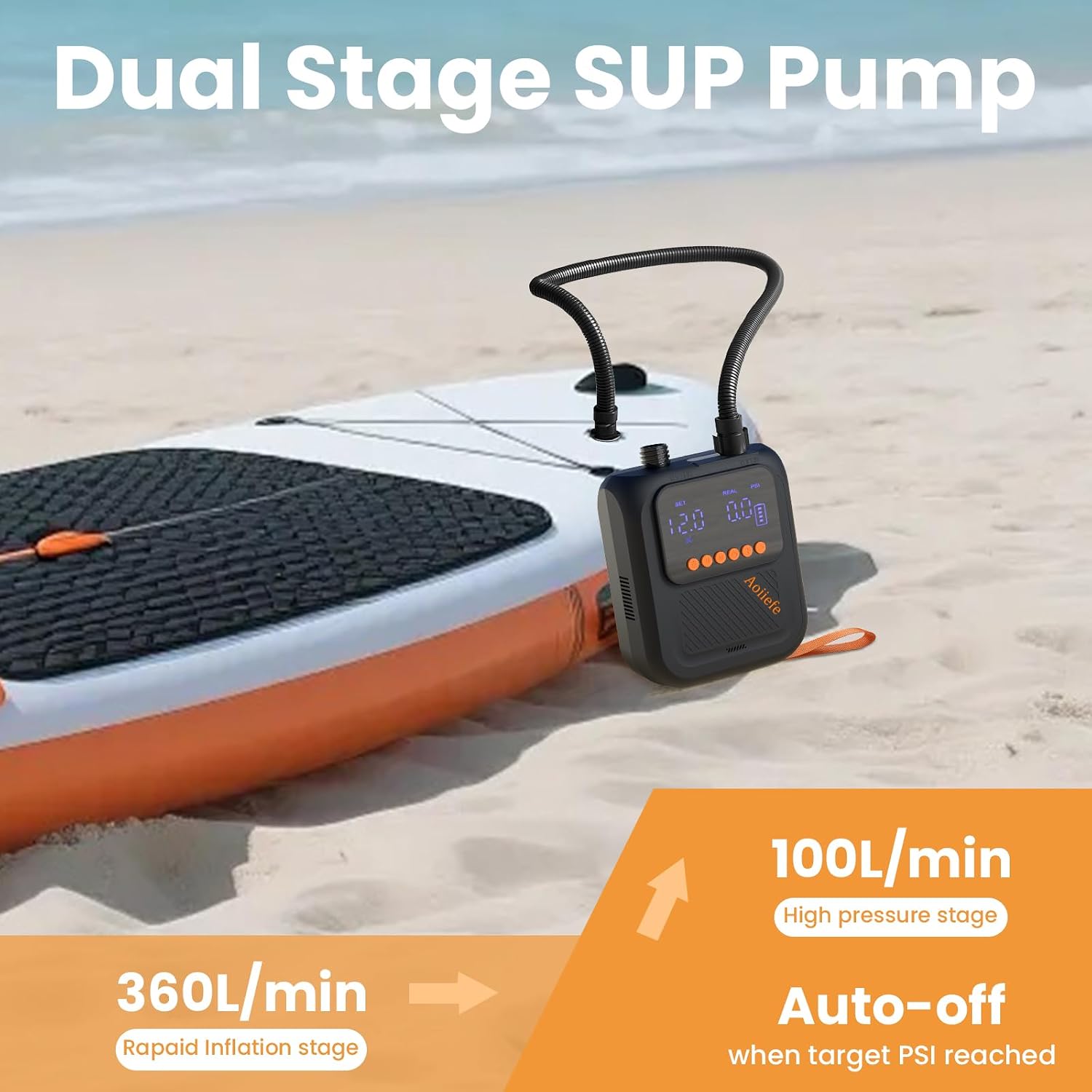 Detalle 2 de Aoiiefe Portable Rechargeable Electric SUP Pump: Compact, Fast Inflation for Boards, Kayaks, and More