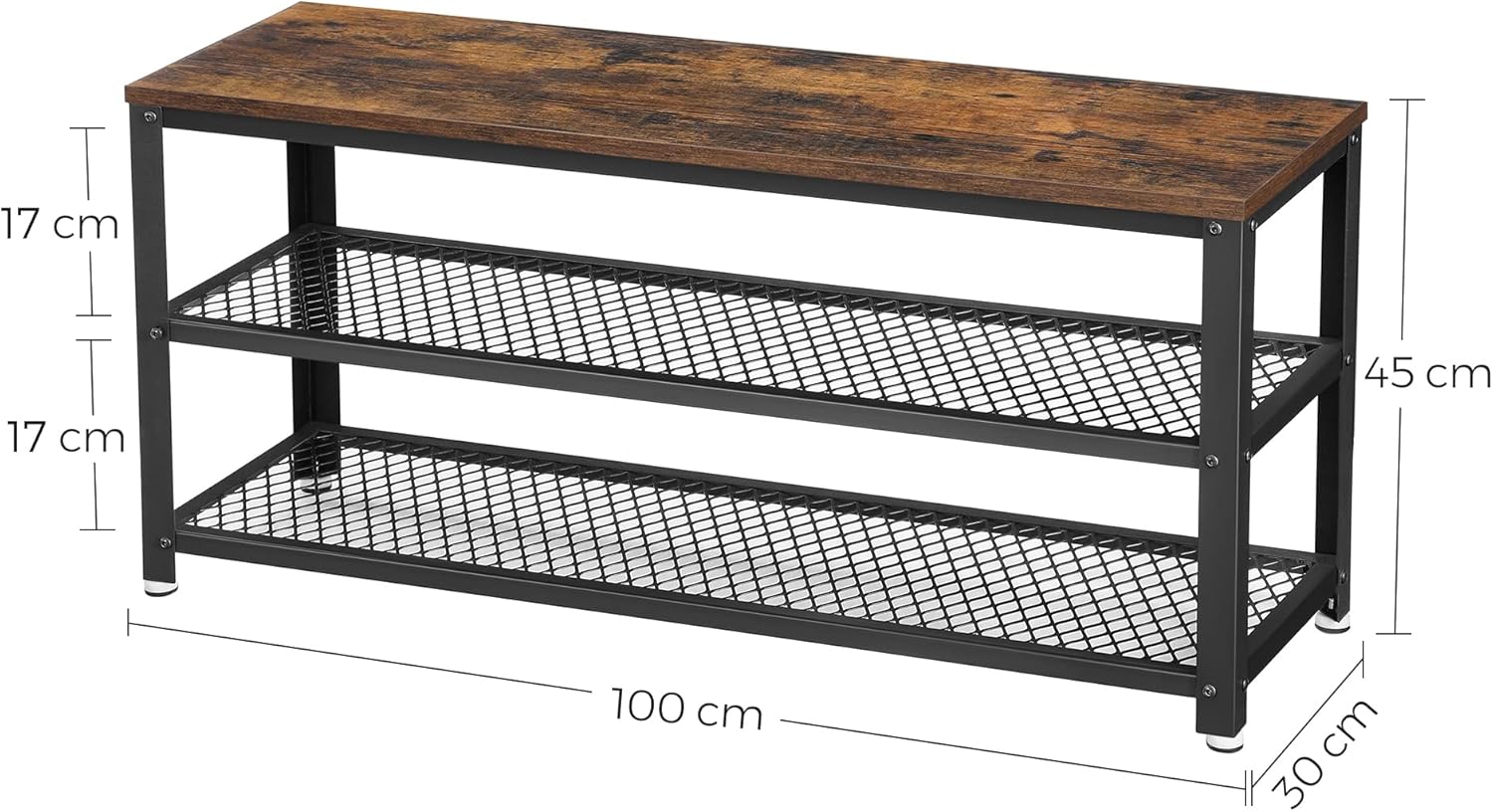 Detalle de VASAGLE LBS078B01 Shoe Bench with 2 Shelves (Industrial/Rustic Brown & Black, 100 x 30 x 45 cm)
