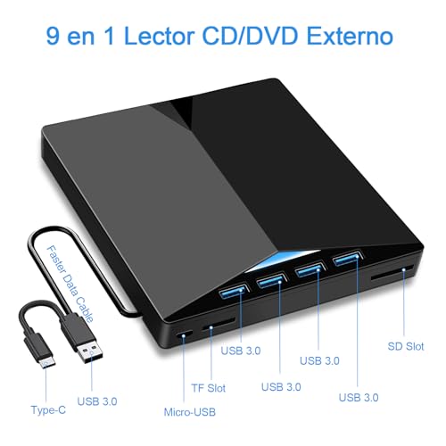 Detalle 2 de Dictien Lector CD/DVD externo 9 en 1 para PC con USB 3.0 y USB-C portátil (CD-ROM/-RW, DVD-ROM/-RW)