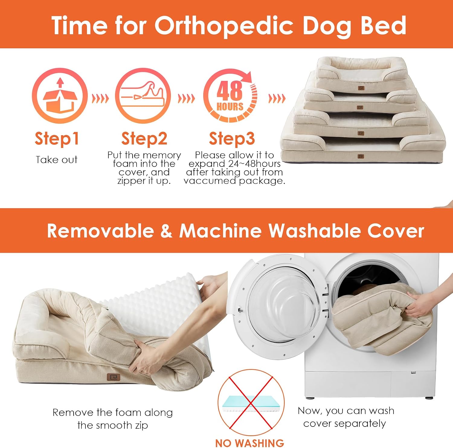 Detalle de EHEYCIGA Orthopädisches Hundebett für kleine Hunde (76 x 51 cm) mit Memory-Schaum, wasserabweisend & rutschfest, beige