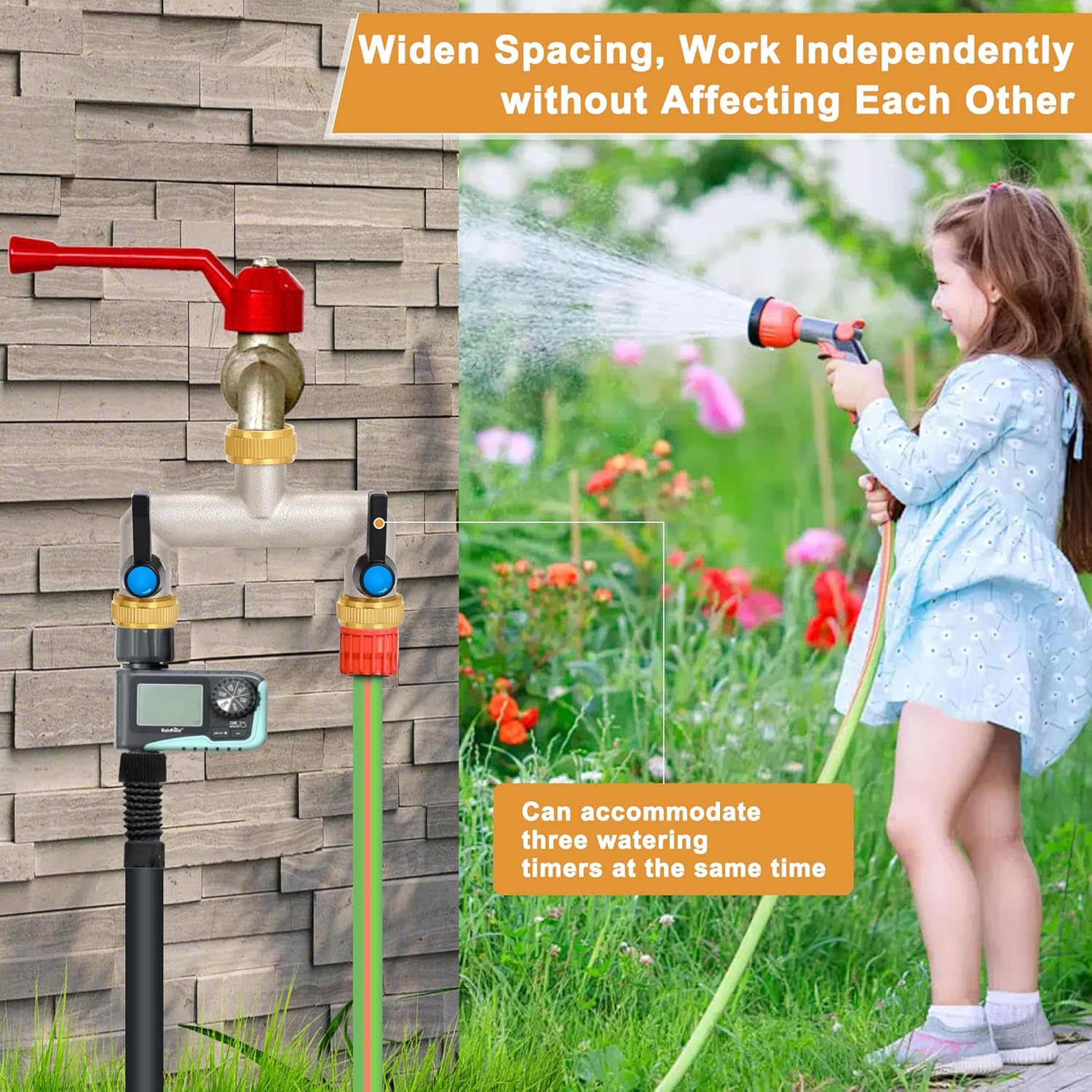 Detalle 2 de OPERMAXER 2-Wege Wasserhahn Wasserverteiler – Messing-Verteiler mit verlängertem Griff