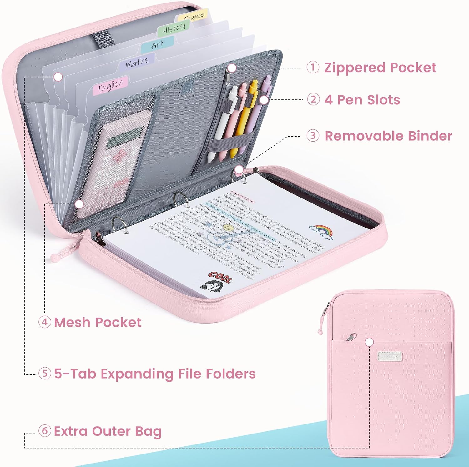 Detalle de Sooez SZA1613-1201A Zipper Binder Bag, 1-Inch 3-Ring, 5-Tab, 500-Sheet
