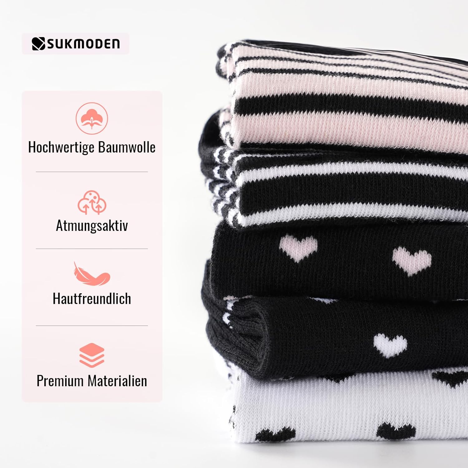 Detalle 2 de SukModen 10/20 Paia di Calzini Donna Corti in Cotone – Multicolore con Strisce, Fiori e Cuori