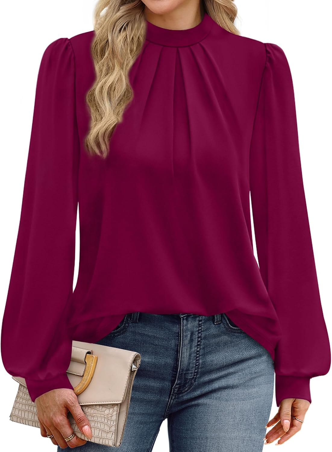 Detalle de WIHOLL Mock Neck Pleated Front Blouse