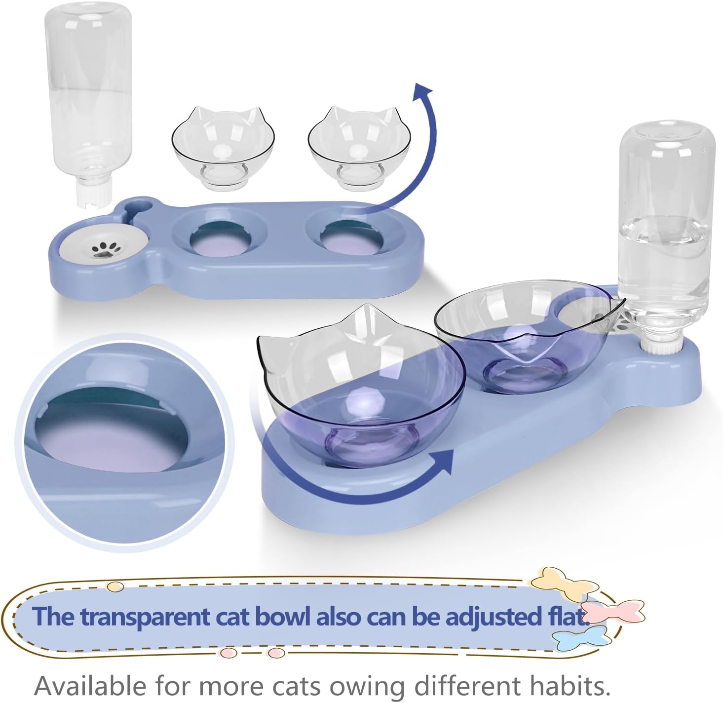 Detalle de Tilted 15° Cat Bowl with Stand – Detachable Dual Food Bowls and Gravity Water Feeder (Blue)