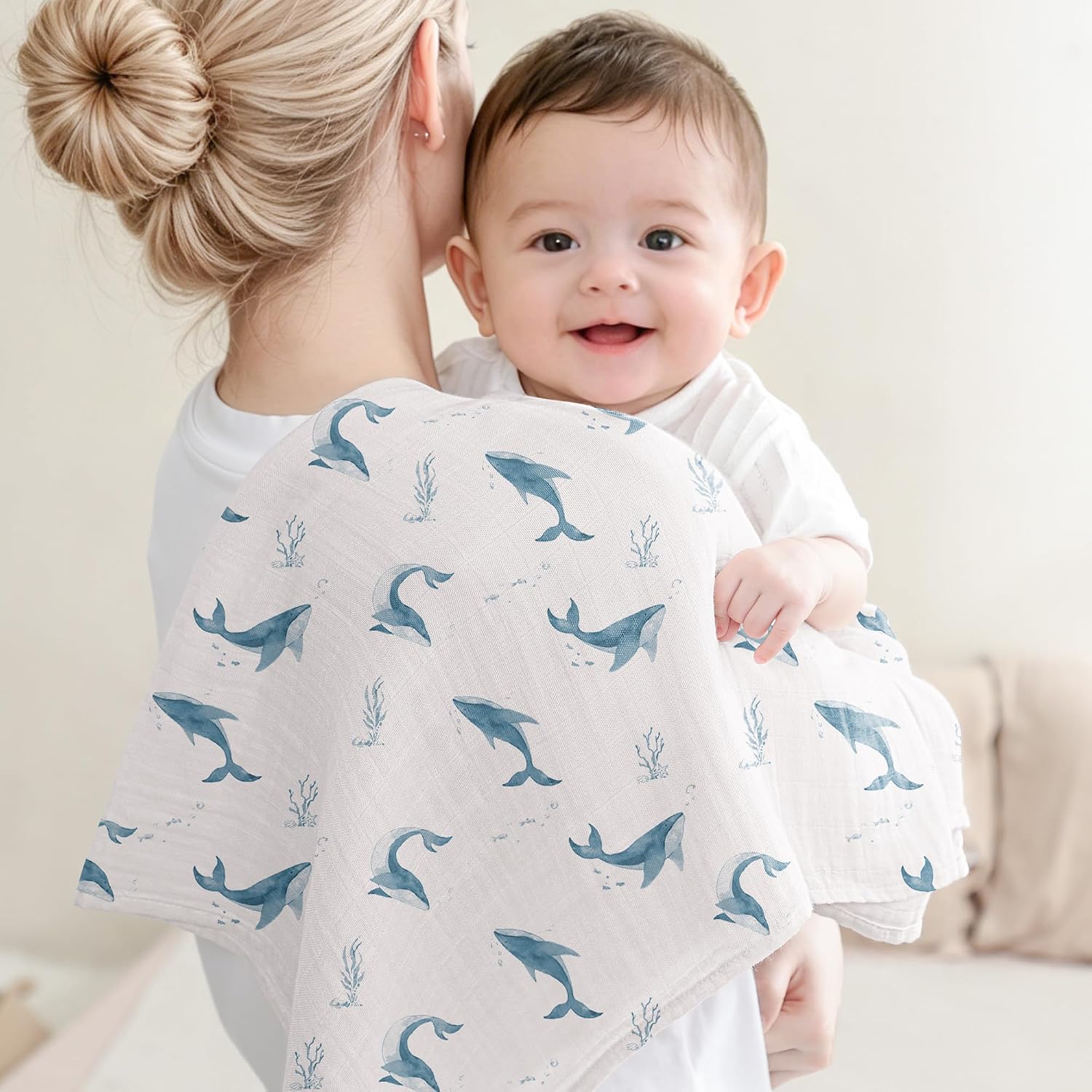 Thumbnail 3 de bearmoss Muslin Squares Cloths: 60x60cm Ultra-Soft Baby Burp Cloths (5 Pack) – Whale