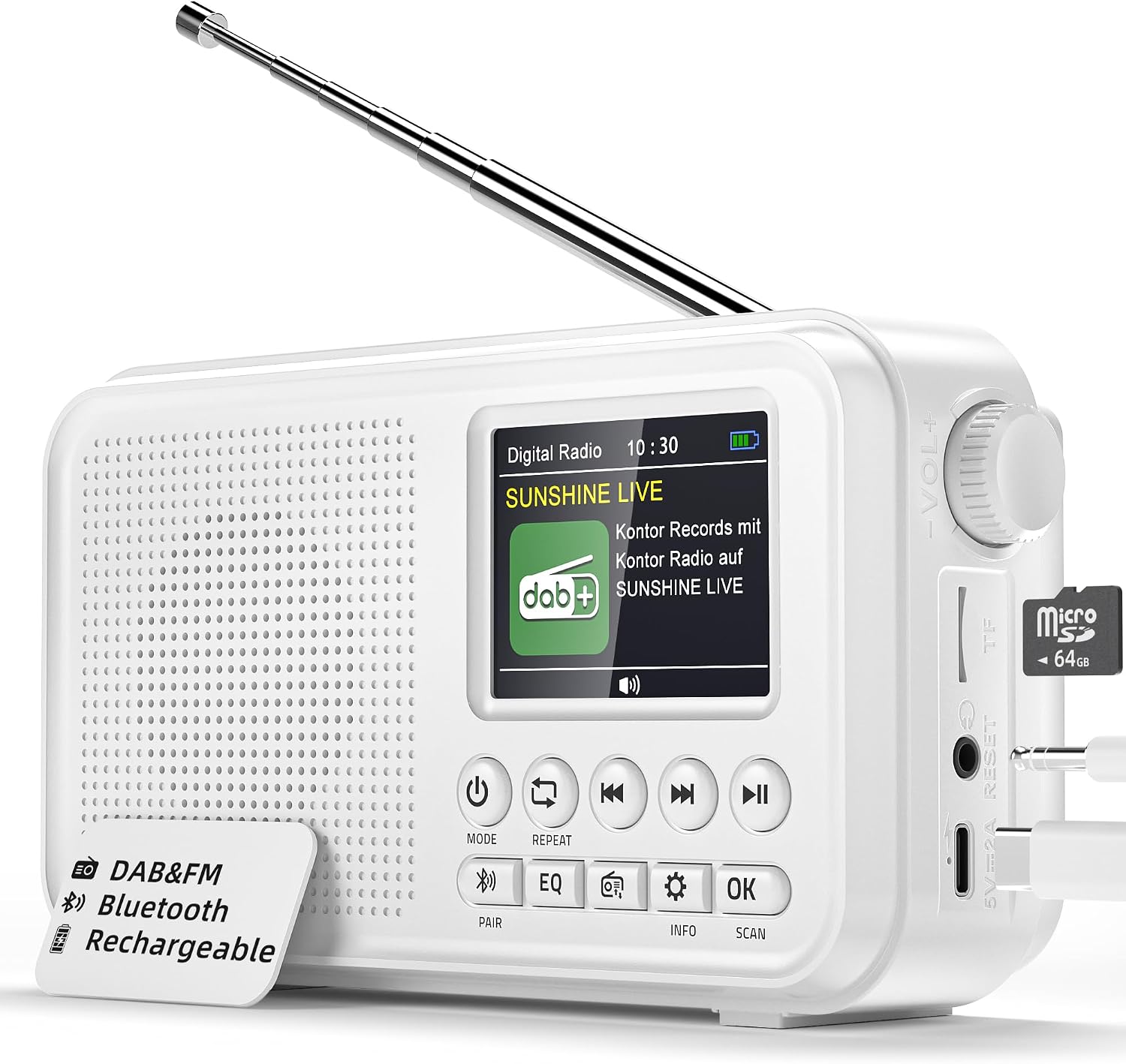 Detalle de Radio Portatile DAB/FM, Bluetooth, 3000 mAh, TF fino a 64 GB, Type-C, 8 W - doppia sveglia