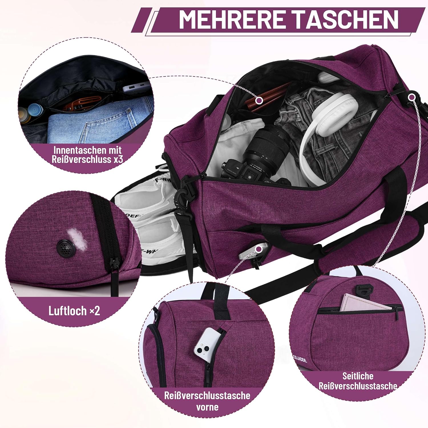 Detalle de BECOJADDE 35L Sporttasche Damen & Herren – multifunktionale Reisetasche mit Schuhfach & Nassfach, wasserdichtes Handgepäck-Upgrade in Lila