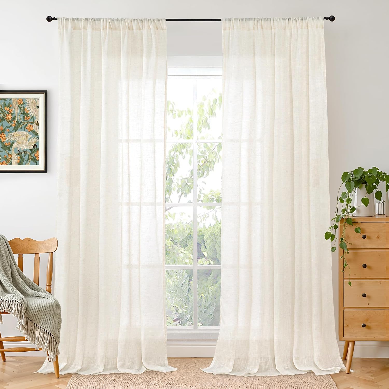 Detalle de BGment ivory5284 Ivory Linen Curtains, 84-Inch Light-Filtering 2-Panel Set