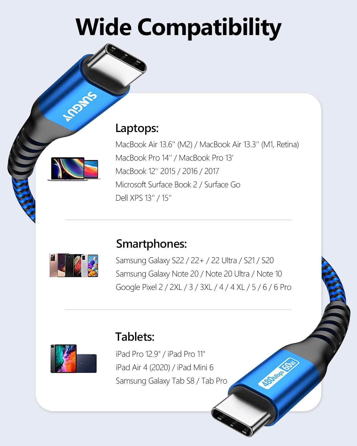 Detalle de SUNGUY USB-C auf USB-C Kabel (2× 1,5 m, 60 W) – für iPhone, MacBook, iPad Pro & Galaxy