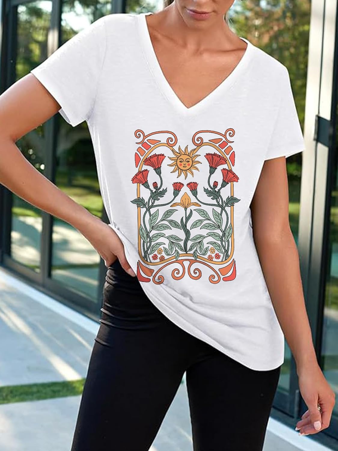 Detalle de Cuptacc Damen T-Shirt Sommer Basic V-Ausschnitt Kurzarm – casual, elastisch & pflegeleicht