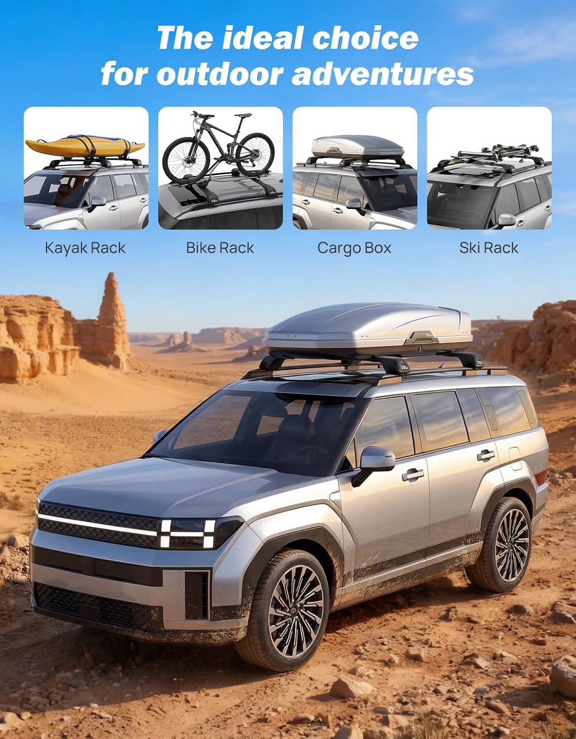 Thumbnail 6 de JOYTUTUS 300lbs Lockable Roof Rack Cross Bars for Hyundai Santa Fe (2024–2026) with Raised Rails