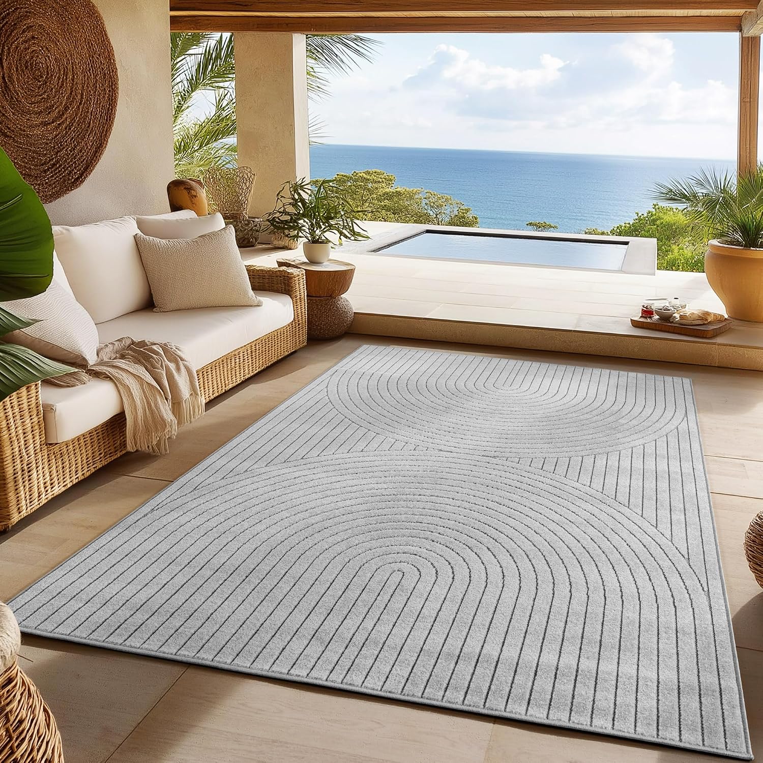 Detalle de SIMPEX Outdoor Teppich wetterfest 200x290 cm – Kurzflor mit Hoch-Tief-Effekt, grau
