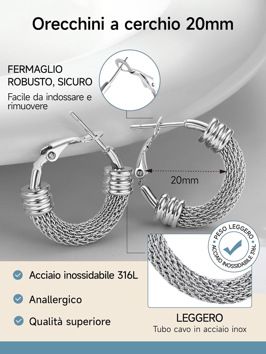 Thumbnail 5 de PROSTEEL Orecchini Cerchio a Maglia Metallica 20–80 mm | Acciaio Ipoallergenico
