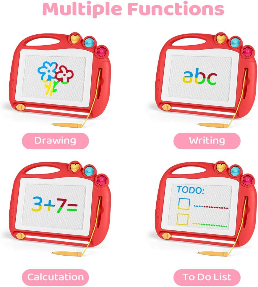 Detalle de OFFCUP Magnetic Drawing Board for Toddlers (Red) – Portable doodle pad with pen and stamps, ages 1+