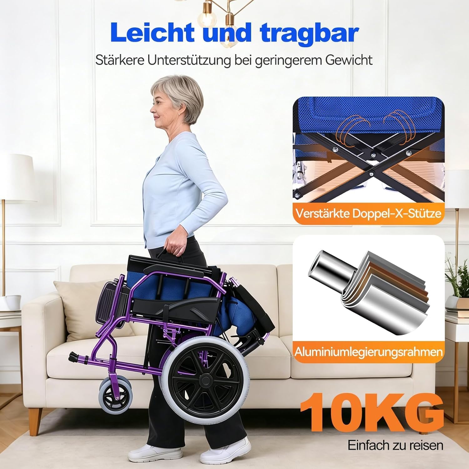 Detalle de ByteTecpeak M3 Ultraleicht Rollstuhl – faltbar, 10 kg, Sitzbreite 45 cm, blau