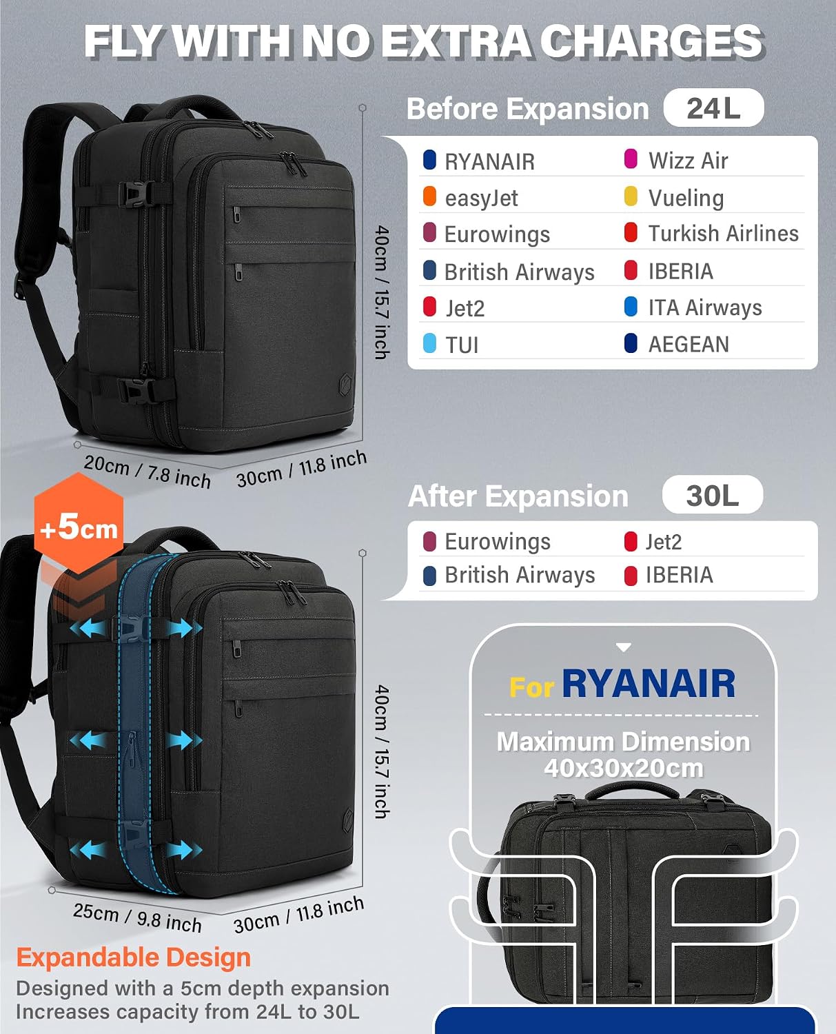 Detalle 2 de VANKEV Cabin Bag expandable 30L, fits 15.6-inch laptop