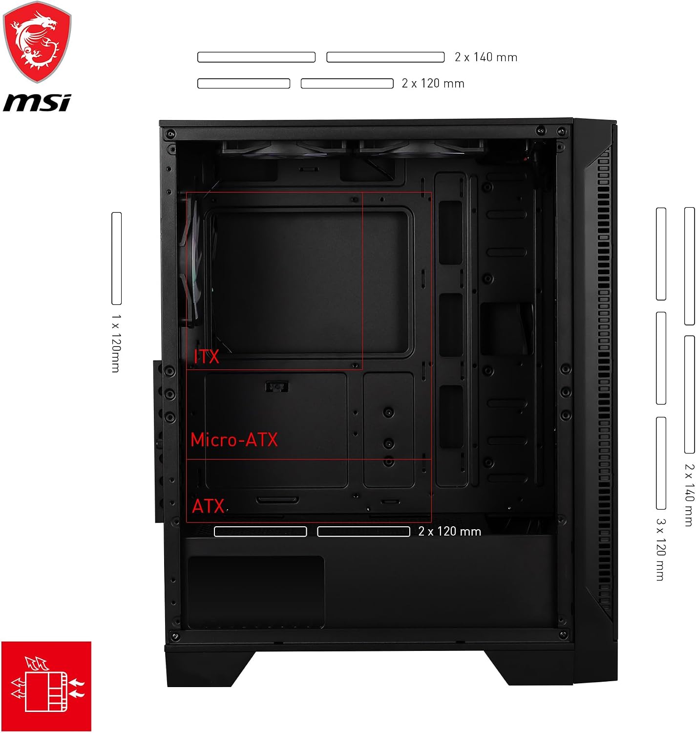 Detalle de MSI MAG Forge 120A Airflow – Case mid tower ATX con 6 ventole Auto-RGB da 120 mm e vetro temperato