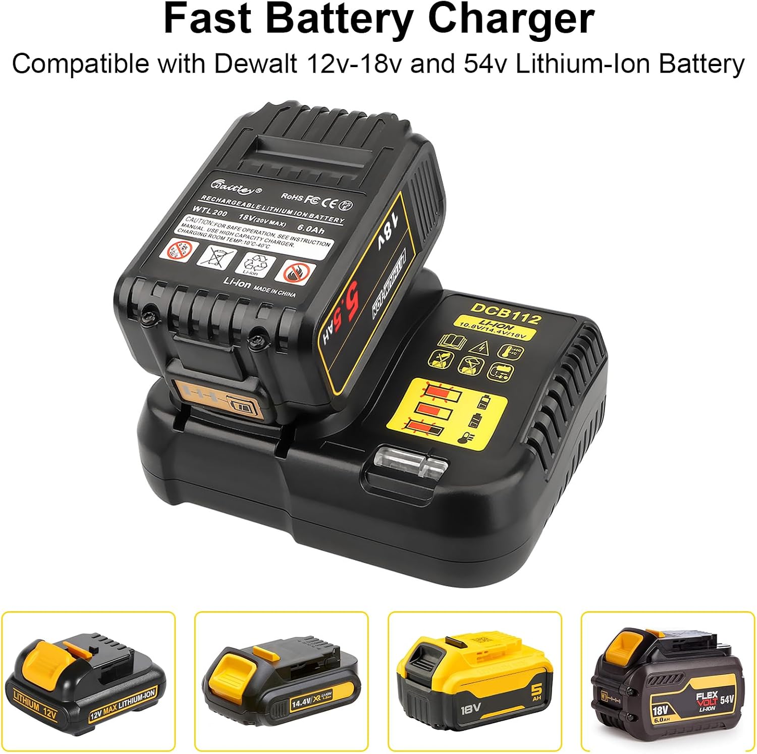 Detalle 2 de Waitley 3A Fast Charger for Dewalt 12V/18V Batteries (DCB120, DCB127, DCB200, DCB184, DCB180, DCB182, DCB181) – Replacement Charger