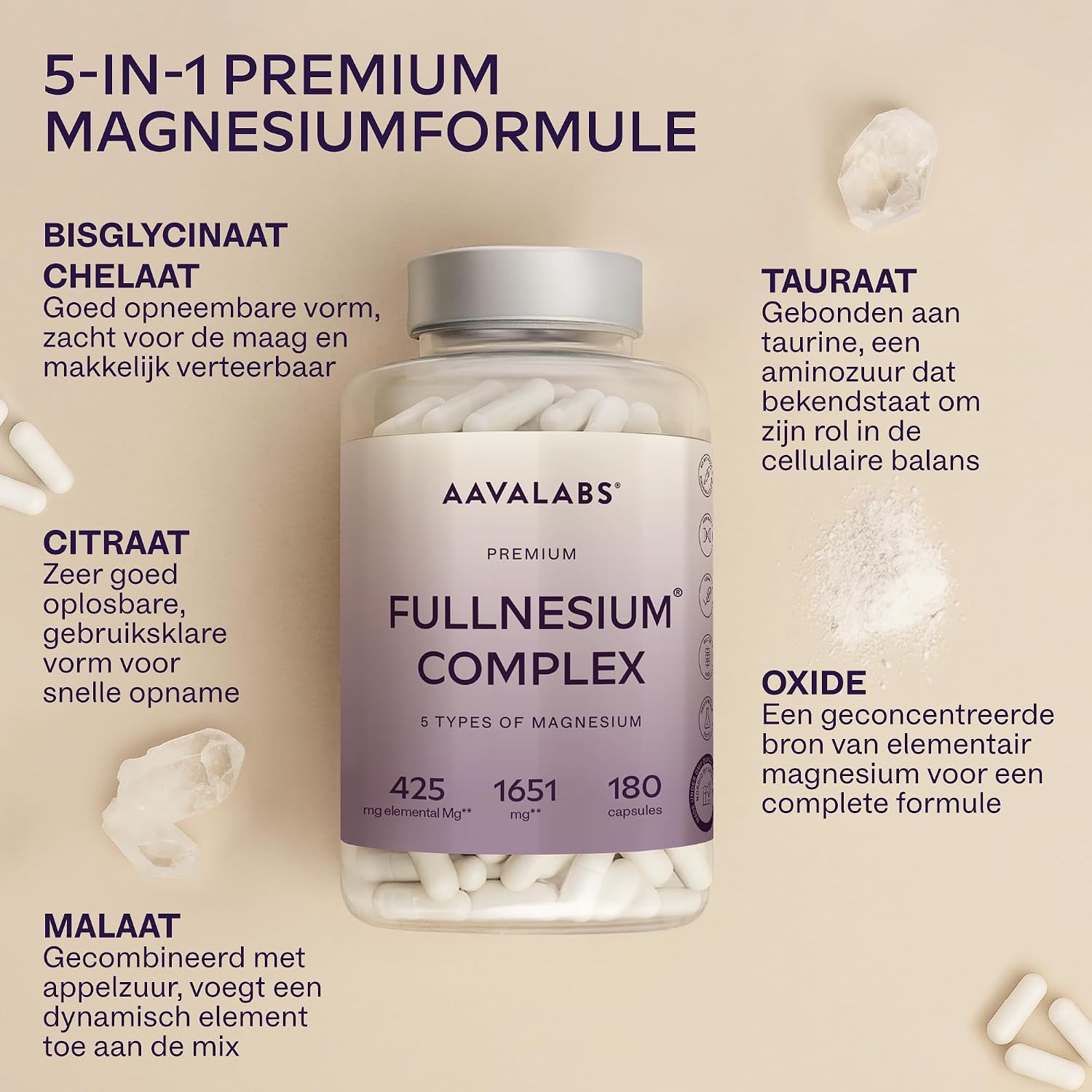 Detalle 2 de AAVALABS Fullnesium Complex magnesiumsupplement, 180 veganistische capsules met vijf magnesiumvormen