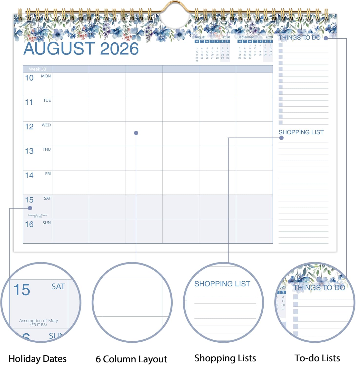 Detalle de Family Calendar 2026-2027: Floral 6-Column Weekly Planner (Aug 2026–Jul 2027)