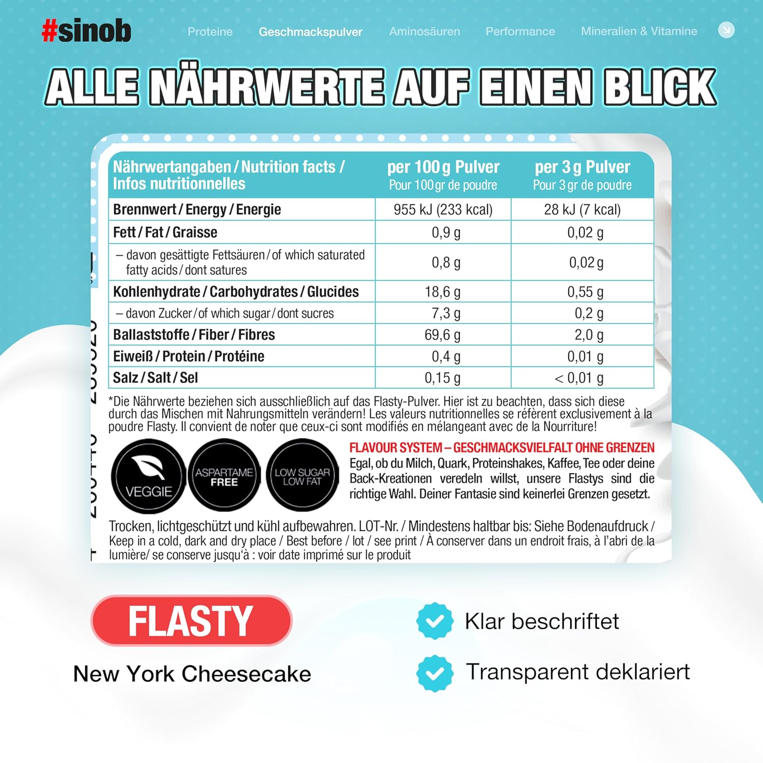 Thumbnail 1 de #sinob Flasty Geschmackspulver New York Cheesecake – 250 g Kalorienarmes Flavour Pulver