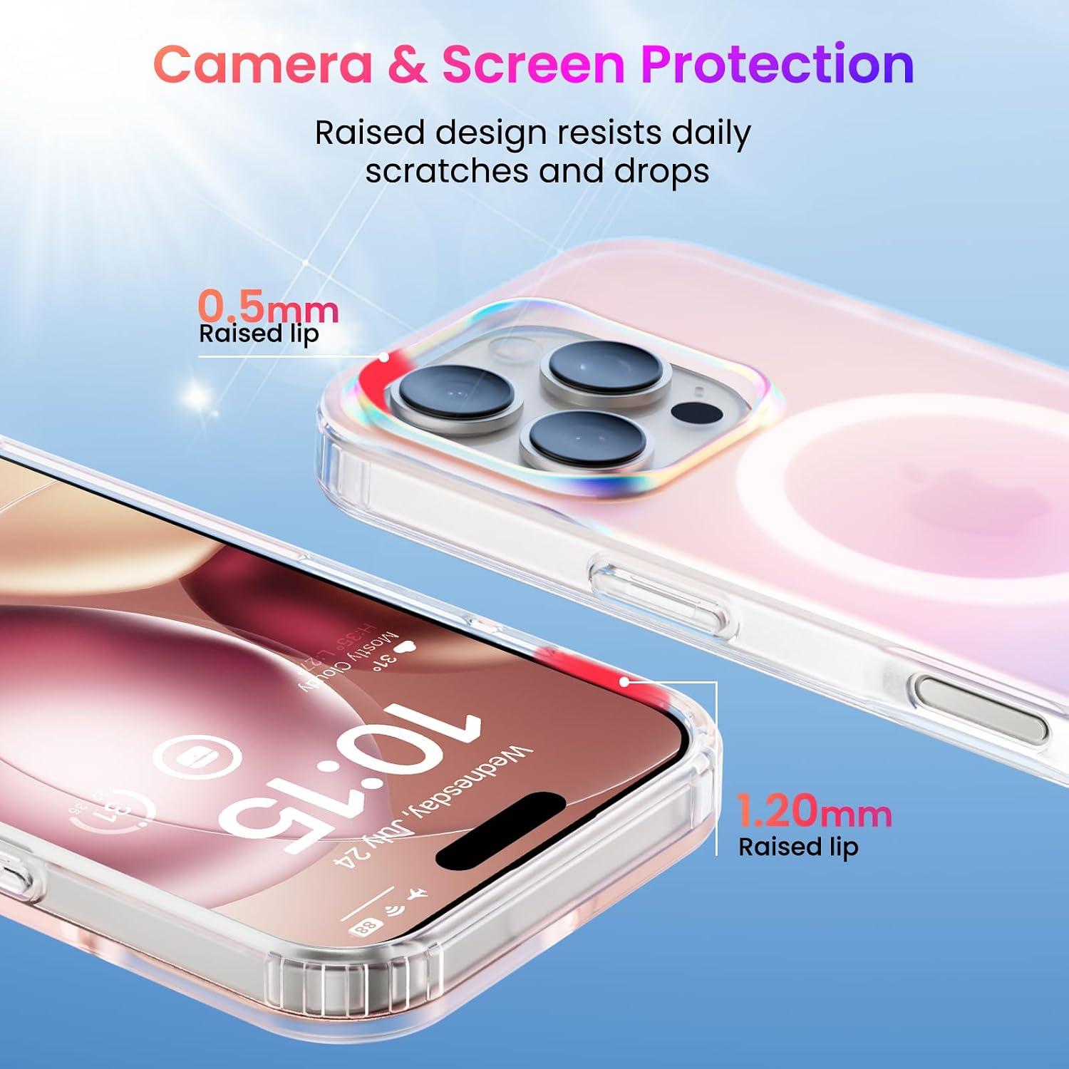 Detalle de ORNARTO iPhone 16 Pro MagSafe-compatible shockproof rainbow case (6.3 inch) – Sunset iridescent