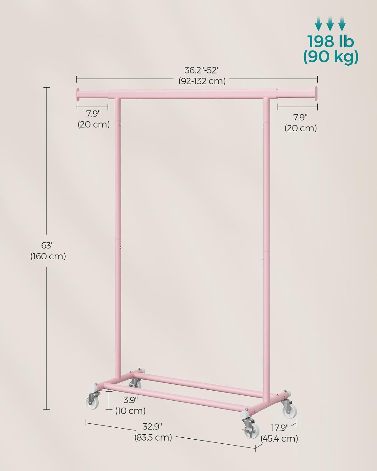 Detalle 1 de SONGMICS 777HSR013R01 kledingrek op wielen, uitschuifbaar, pastelroze