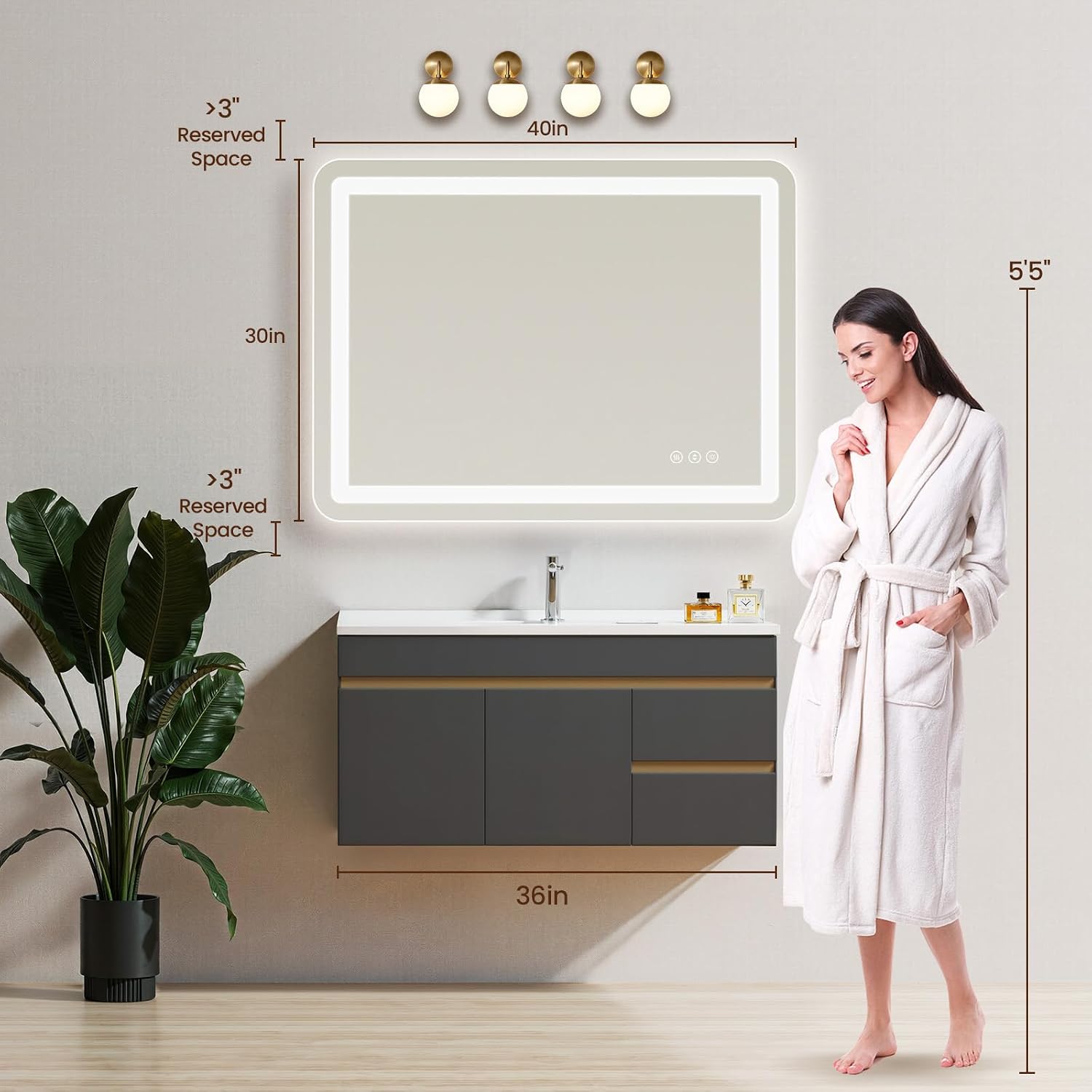 Detalle 2 de 40" x 30" LED Bathroom Mirror with Tri-Color Lighting 🪞