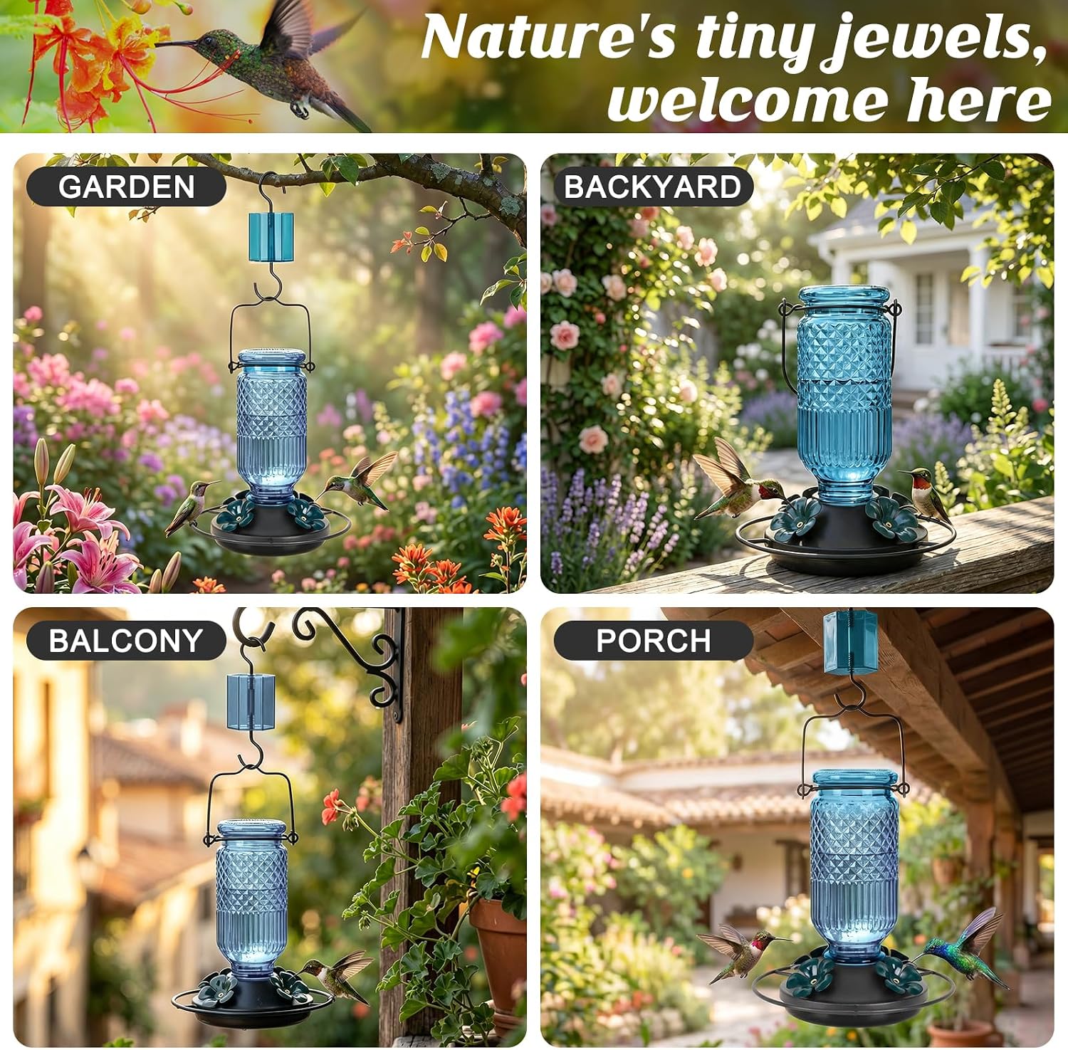 Thumbnail 4 de FEED GARDEN Glass Hummingbird Feeder (16oz) with Bee Guards & Ant Moat, Blue
