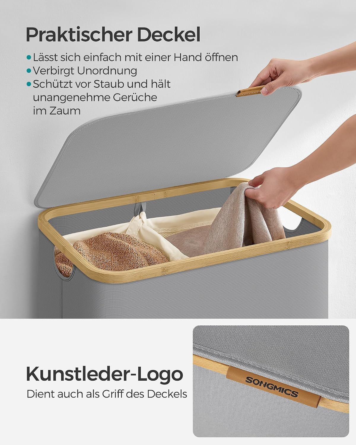 Thumbnail 3 de SONGMICS Wäschekorb mit Deckel, 2 Fächer, 130 L, Oxford-Gewebe, 52 × 38,5 × 70,5 cm – taubengrau (LCB513G01)