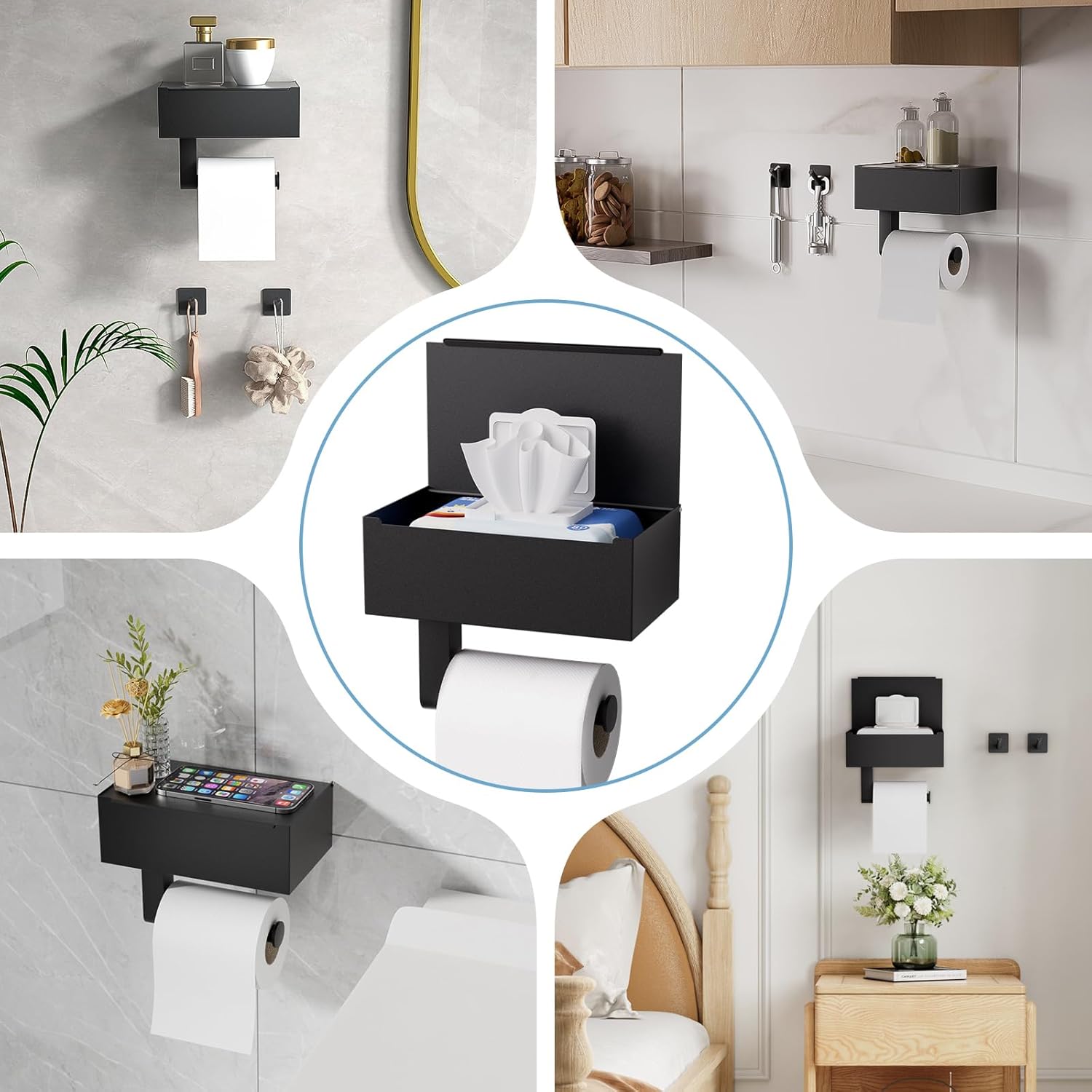 Thumbnail 5 de Heatigo Toilettenpapierhalter Schwarz mit Feuchttücherbox – ohne Bohren oder zum Befestigen, Edelstahl, 20,4 × 14 × 7,3 cm