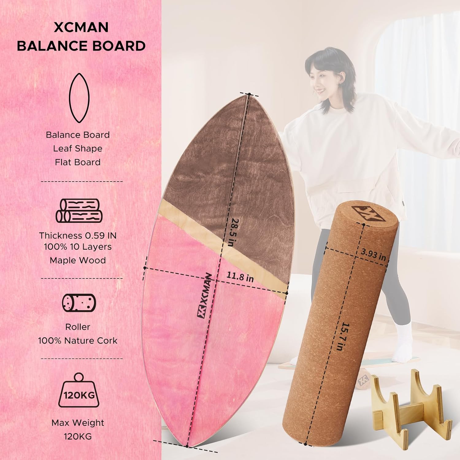 Thumbnail 2 de XCMAN Tavola da surf Balance Trainer con rullo in legno e superficie antiscivolo (fino a 158,8 kg)