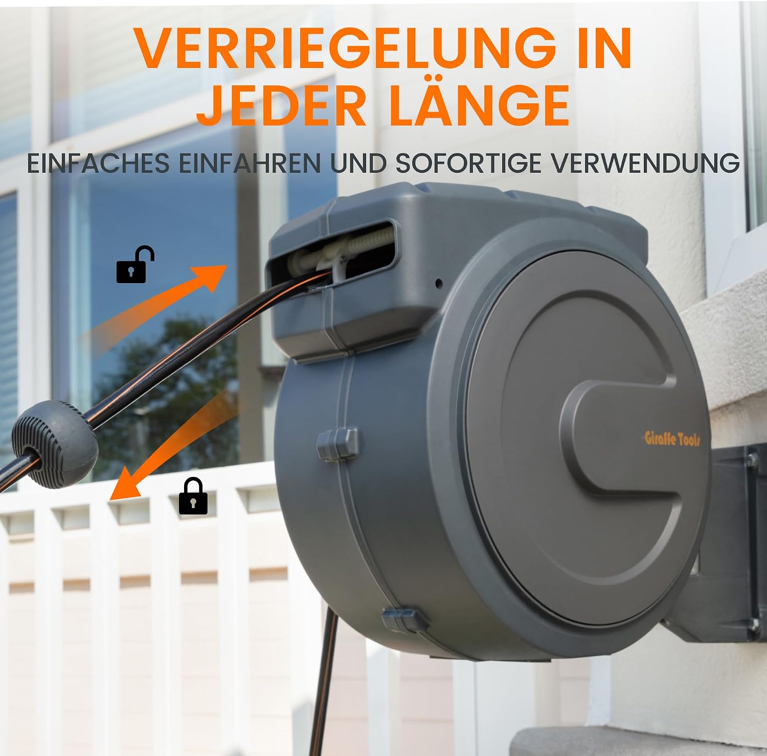 Detalle de Giraffe Tools Automatikschlauchtrommel 30m+2m Wandmontage – 180° Schwenkbar, Multibrause + Anschlussschlauch