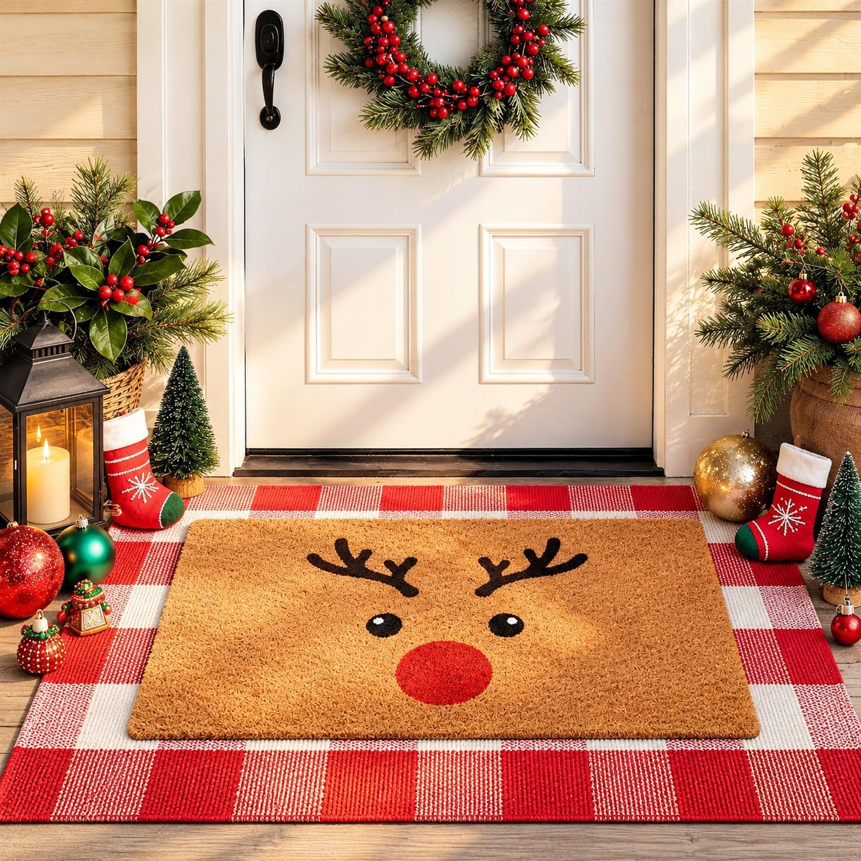 Detalle de PIXFAIRY Christmas Layered Doormat Set, Reindeer Coir and Red Plaid Cotton
