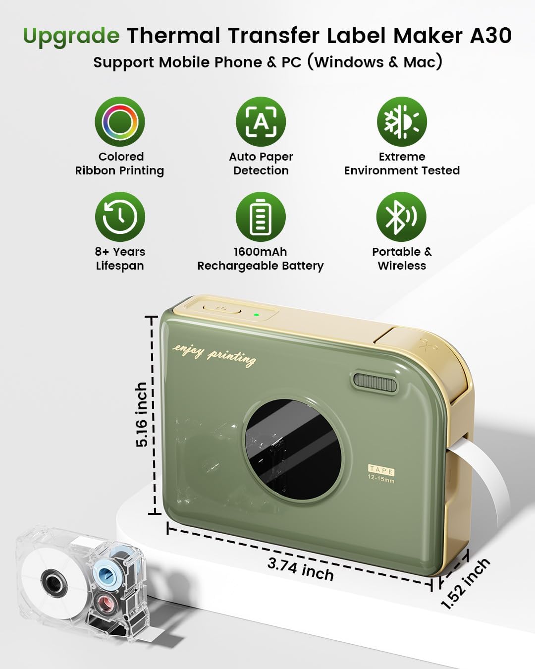 Detalle de Phomemo A30 DE-A30-GR-PRIMTER thermische Bluetooth-labelprinter
