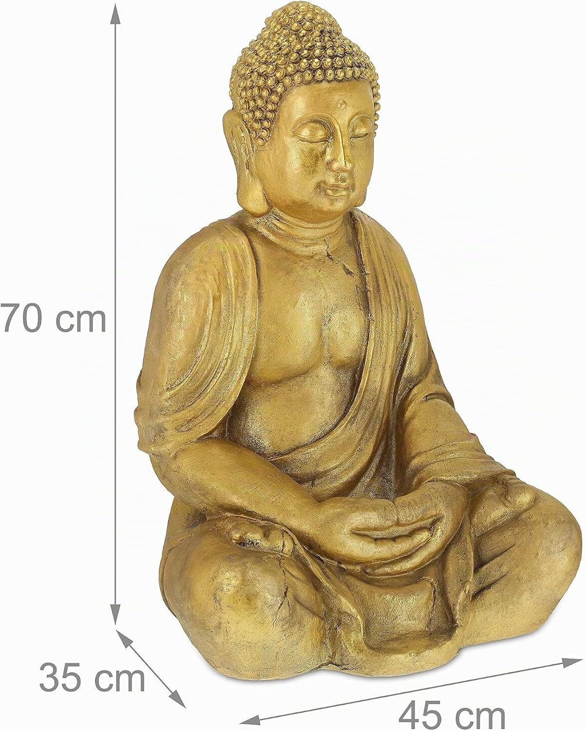 Detalle de Relaxdays Statue de Bouddha pour jardin dorée – Résistante aux intempéries, assise, dimensions 70 x 45 x 35 cm