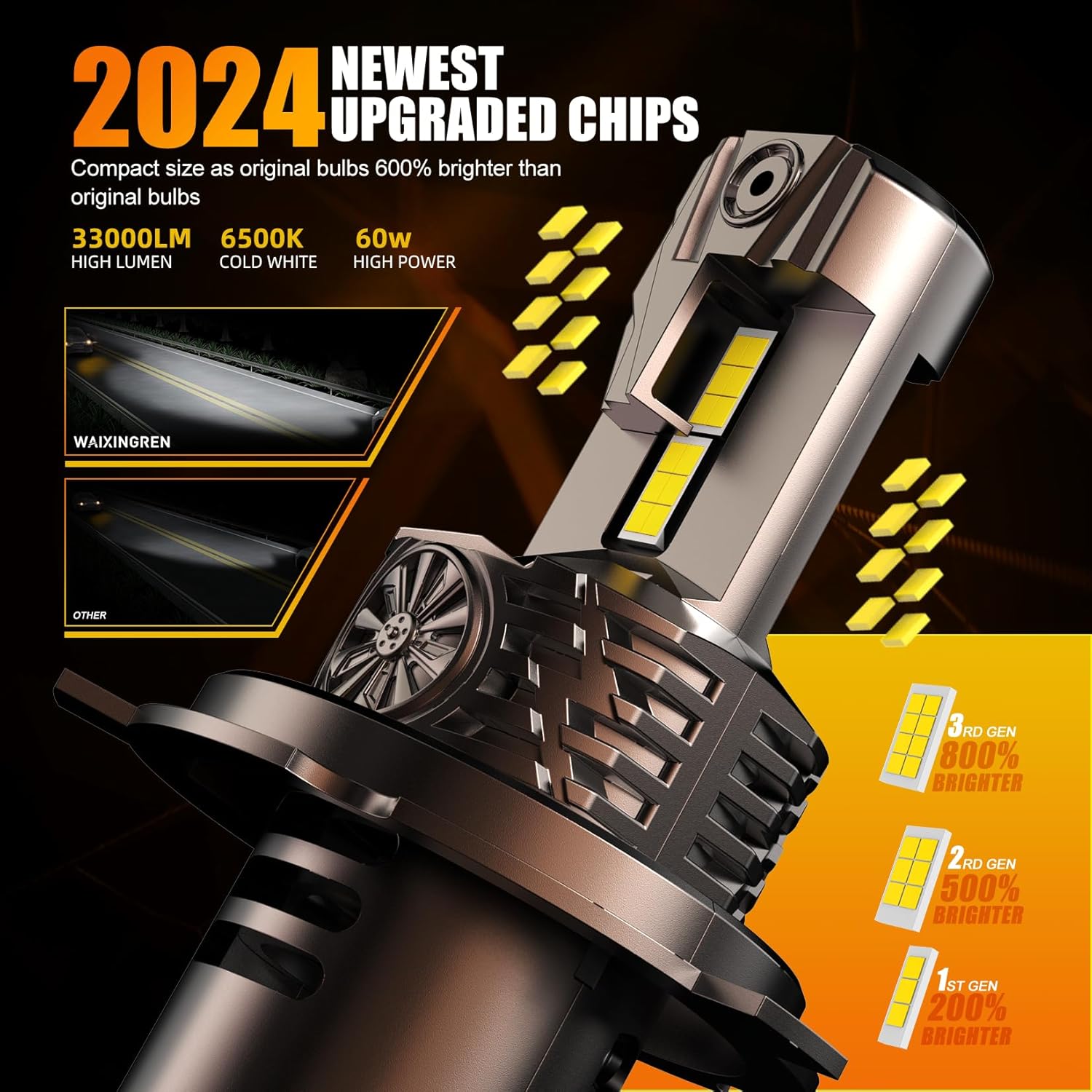 Thumbnail 4 de WAIXINGREN H4 LED Headlight Bulbs (100W, 32000LM, 6500K) – Fan Cooled, IP68, Plug & Play, Pack of 2