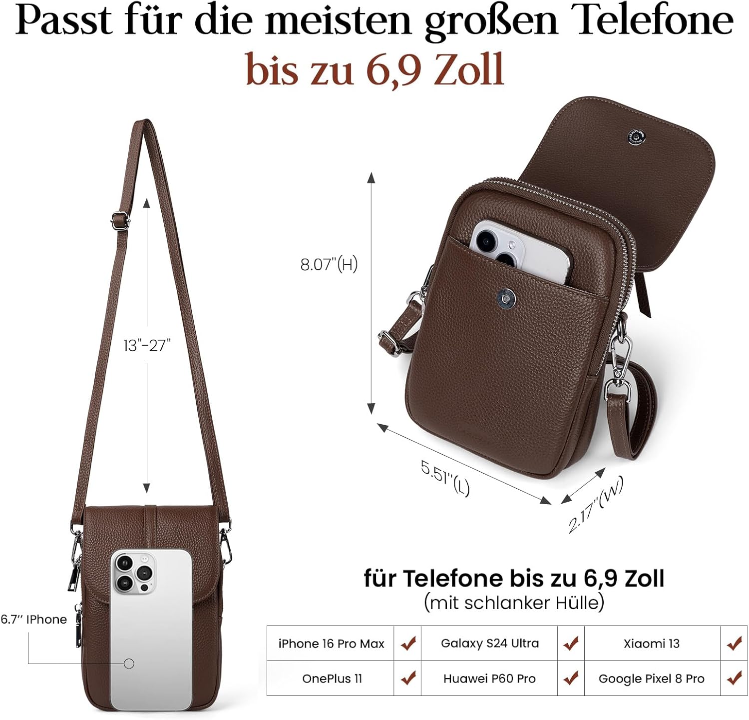 Thumbnail 3 de befen Echtleder Handytasche zum Umhängen – RFID-Blockierung, Crossbody für Damen