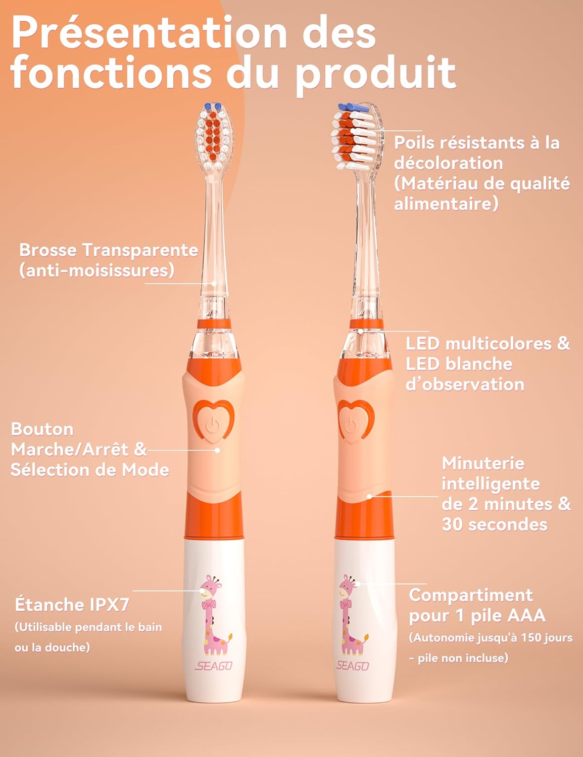 Thumbnail 3 de seago SG977 brosse à dents électrique enfant (3-12 ans) avec LED colorées, minuteur 2 min et 4 têtes de rechange