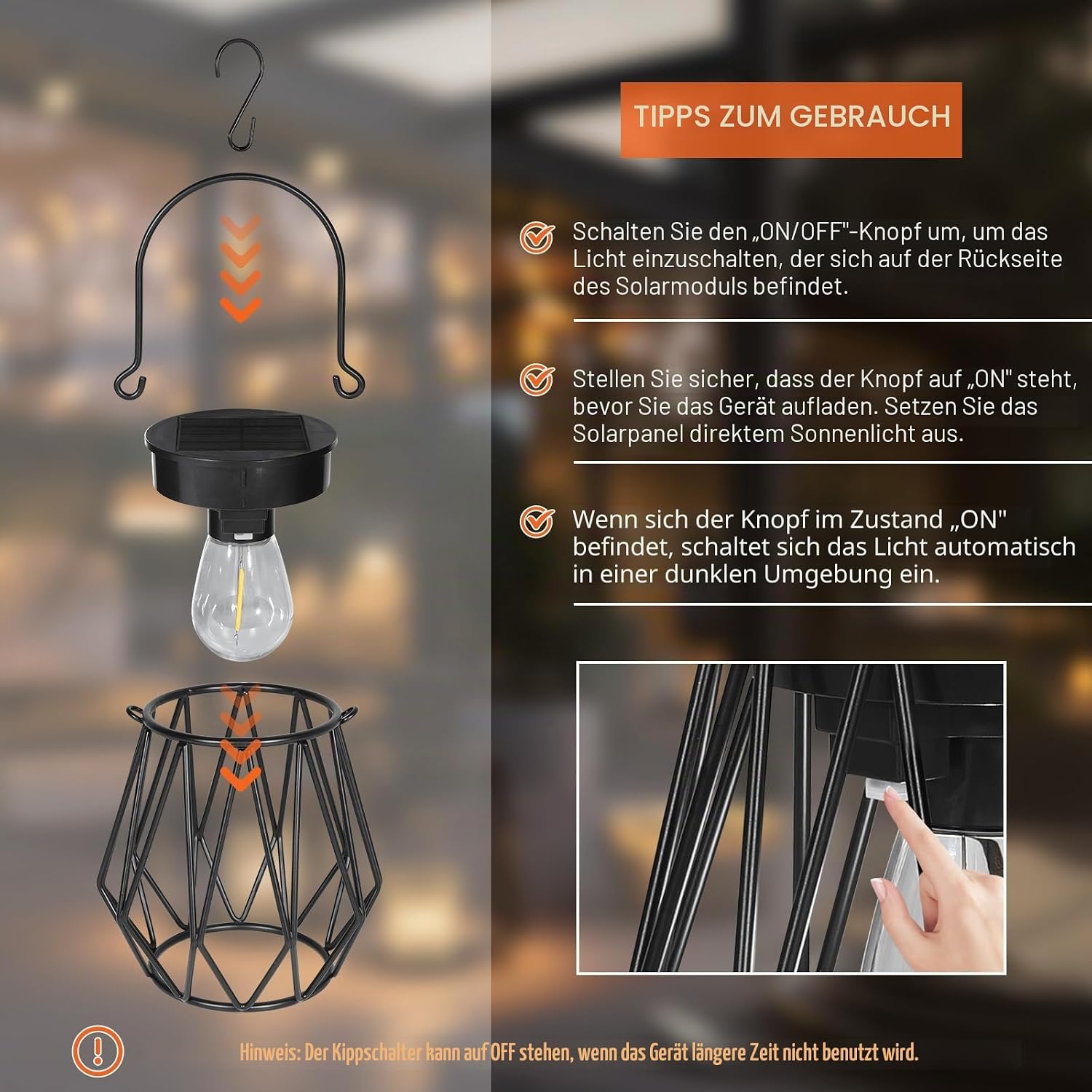 Detalle de Ketom 2er-Set Solar-Laternen für außen (hängend & stehend) IP65, Vintage, mit LED und Haken, schwarz