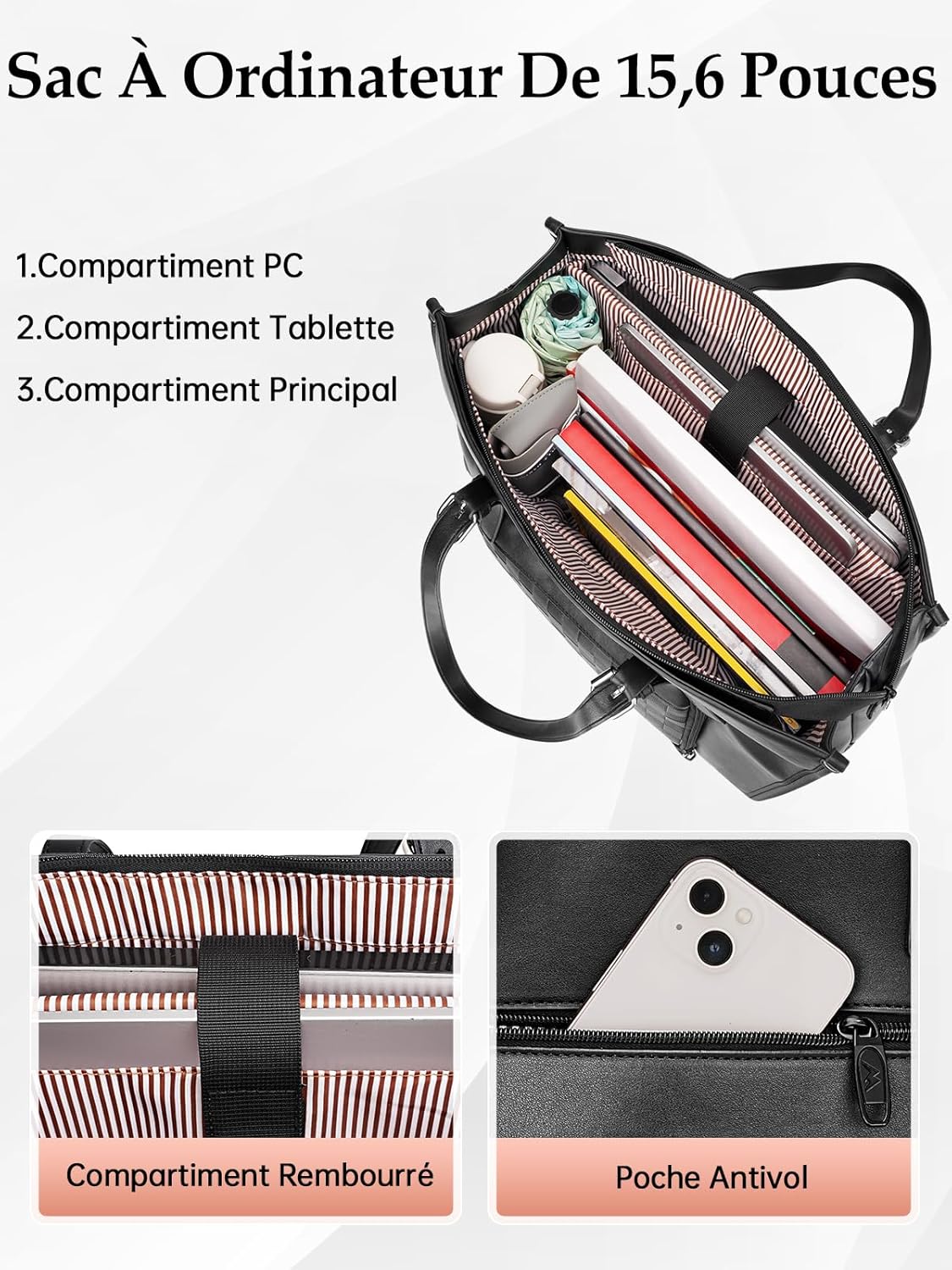 Thumbnail 3 de MATEIN Sac Cabas Femme Grand Format – Sac à Main 15,6" avec Compartiment Isotherme (Noir)