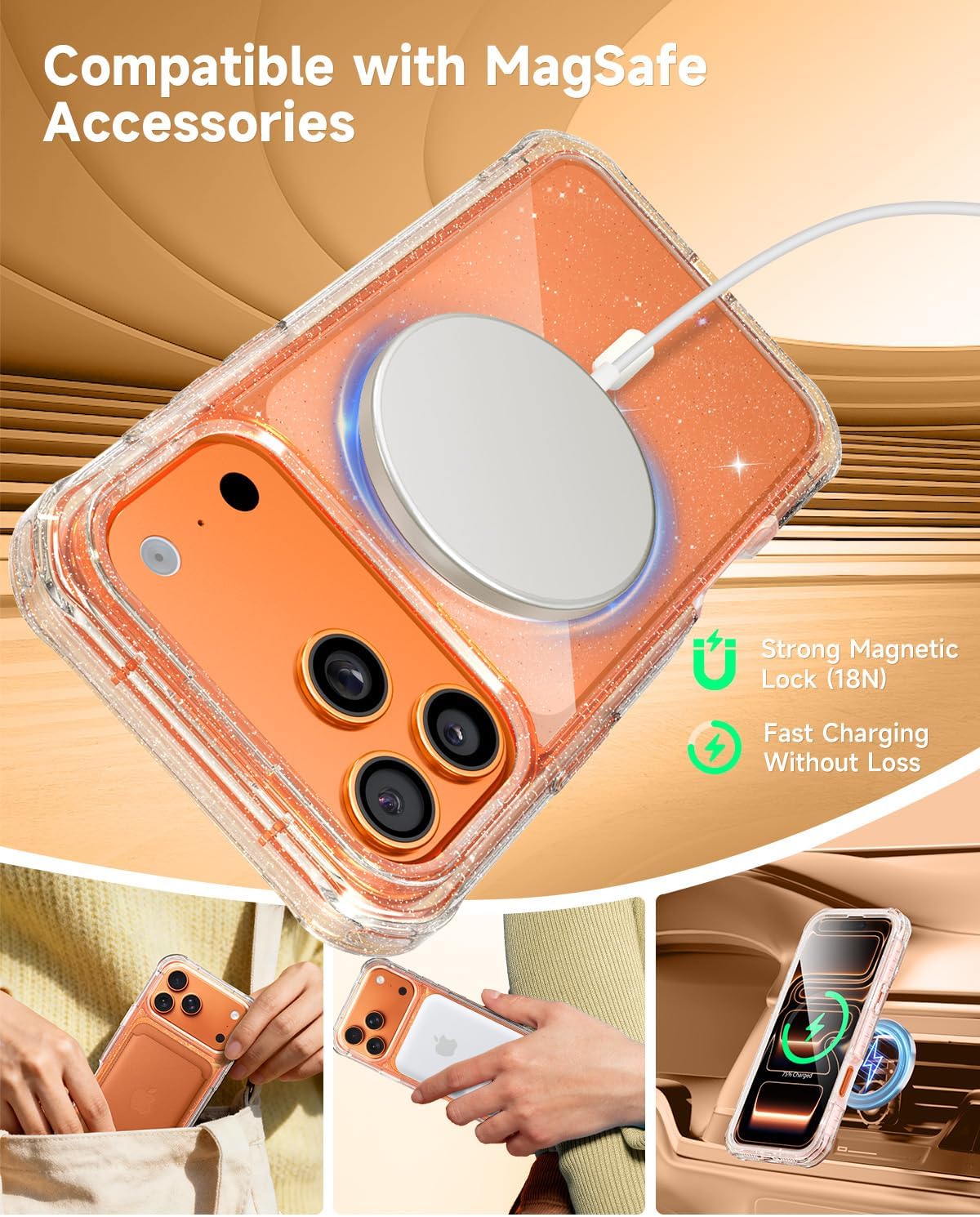 Thumbnail 5 de seacosmo Magnetic for iPhone 17 Pro Max Case with Built-in 9H Tempered Glass, MagSafe Compatible, Full-Body Shockproof, Clear Glitter