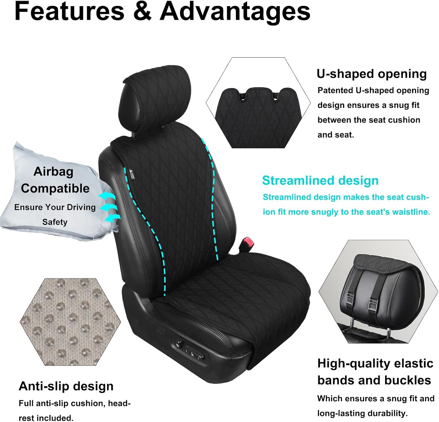 Thumbnail 5 de Leader Accessories 2pcs Car Seat Cushions: Breathable, Sideless Protectors for Front Seats