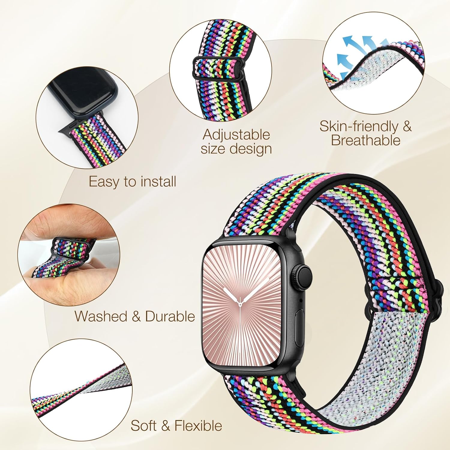 Detalle de WNIPH Elastic Arm/Ankle/Bicep Straps for Apple Watch (44–49mm) – 2-Pack Nylon Stretch Straps