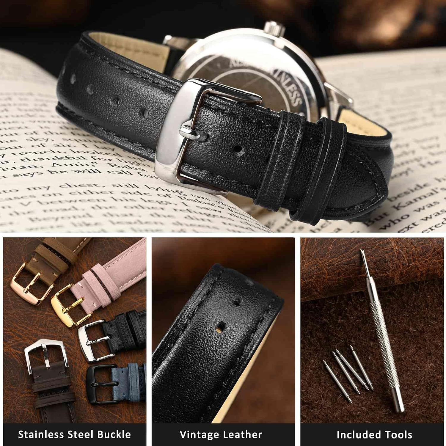 Detalle de WOCCI Vintage Leder-Uhrenarmband mit Edelstahl-Schnalle, 14–24 mm – hochwertiges Ersatzarmband für Damen