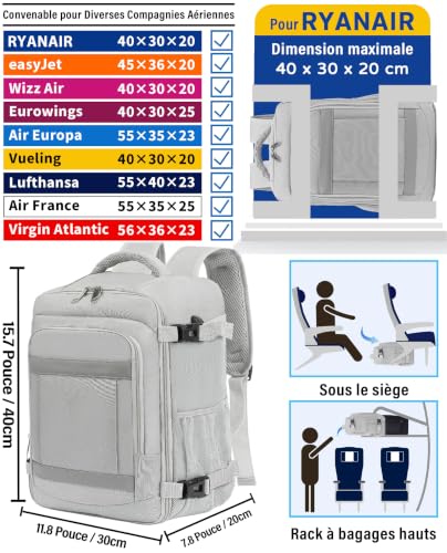 Detalle de KLOSTAIN Sac à dos Voyage Cabine 40x30x20 cm – 24 L, Anti-vol, Gris Clair