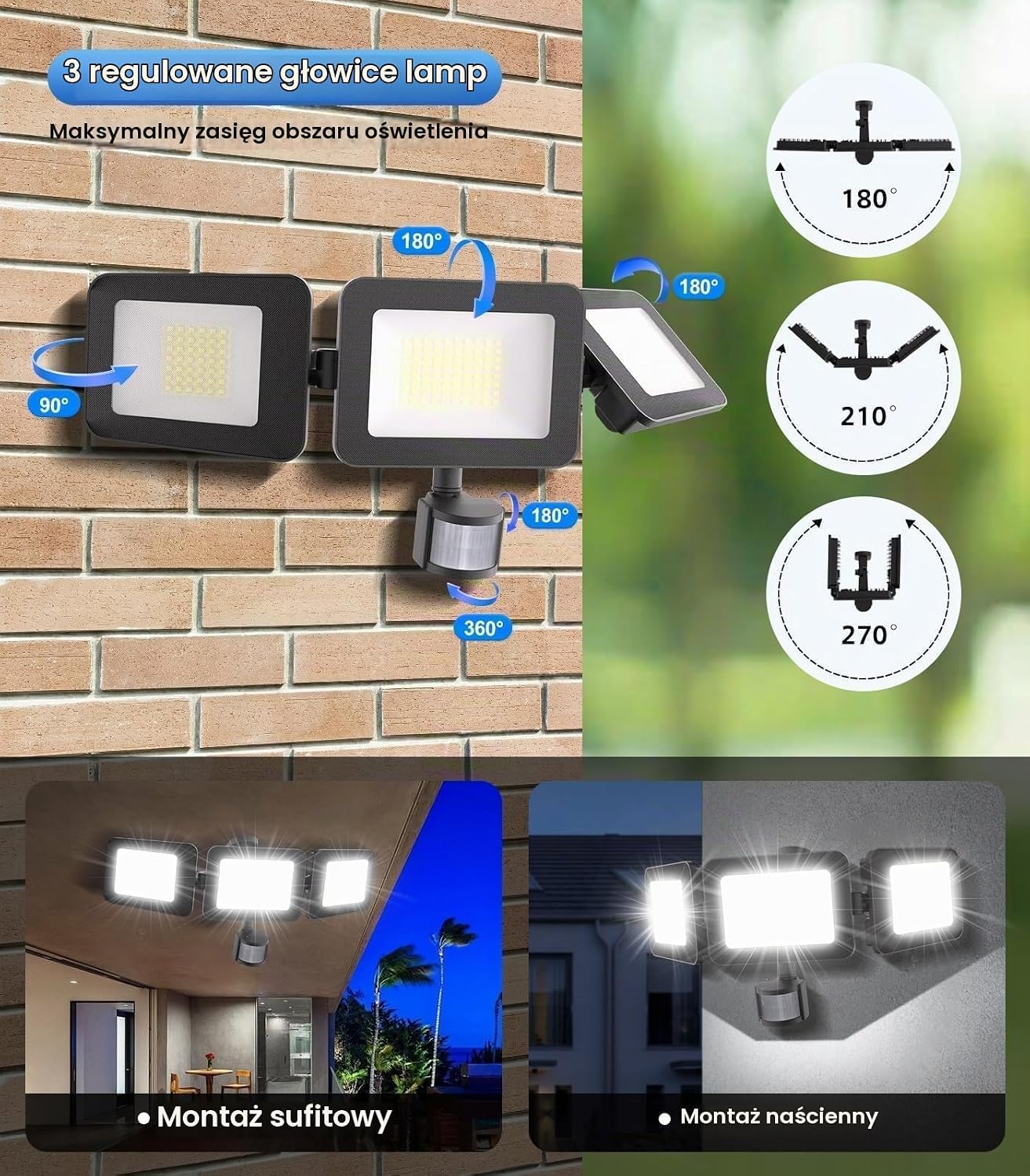 Detalle de MEIHUA TSFA0100 reflektor LED 100 W z czujnikiem ruchu, 3 głowice, IP66
