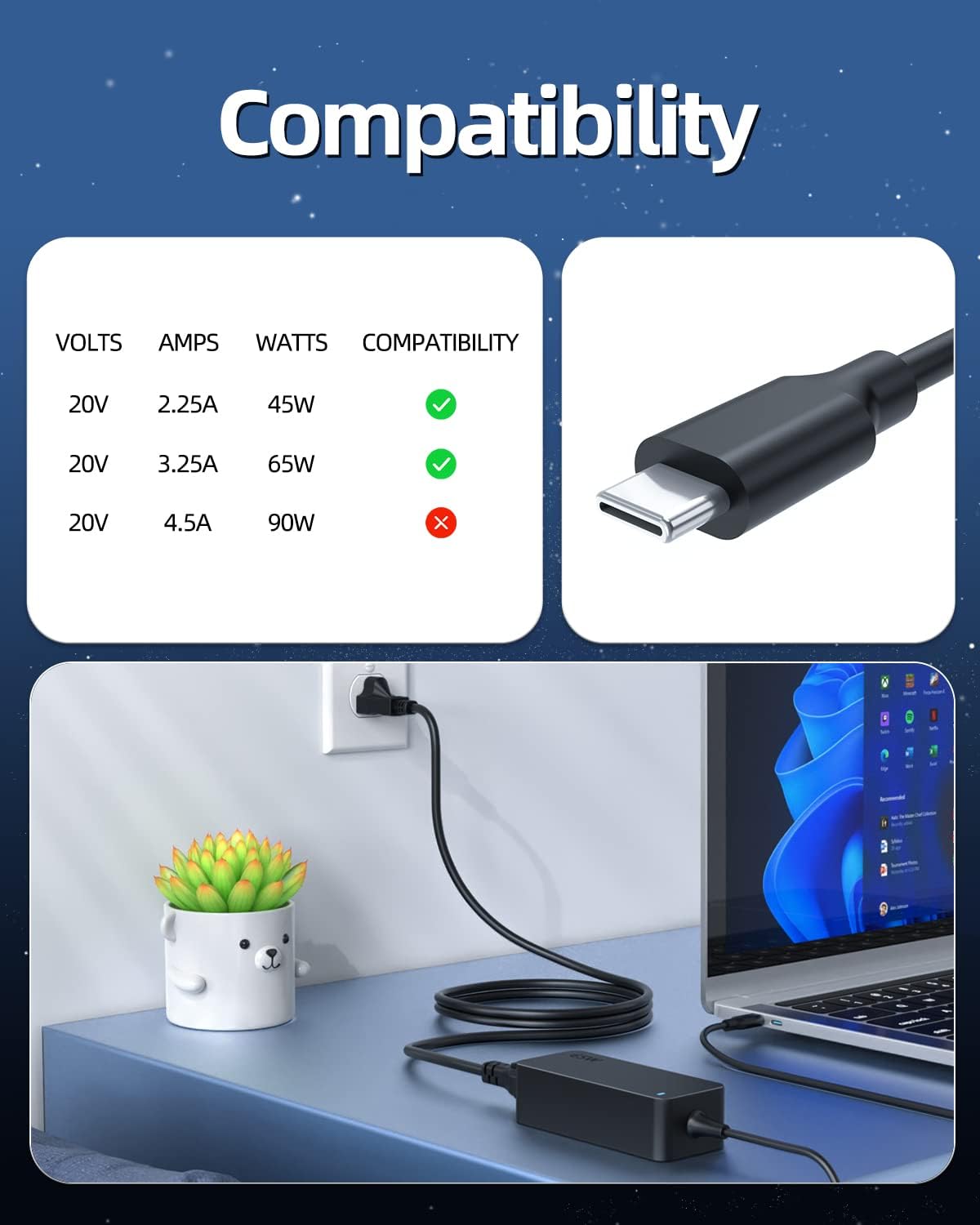 Detalle de Superer 65W USB‑C Laptop Charger 10FT cable